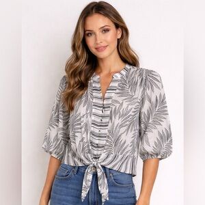 Elegant Leaf Pattern Tie-Front Blouse